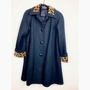Vintage Jofeld Wool Barn Trench Coat Size Small Black Cheetah Print Trim Button